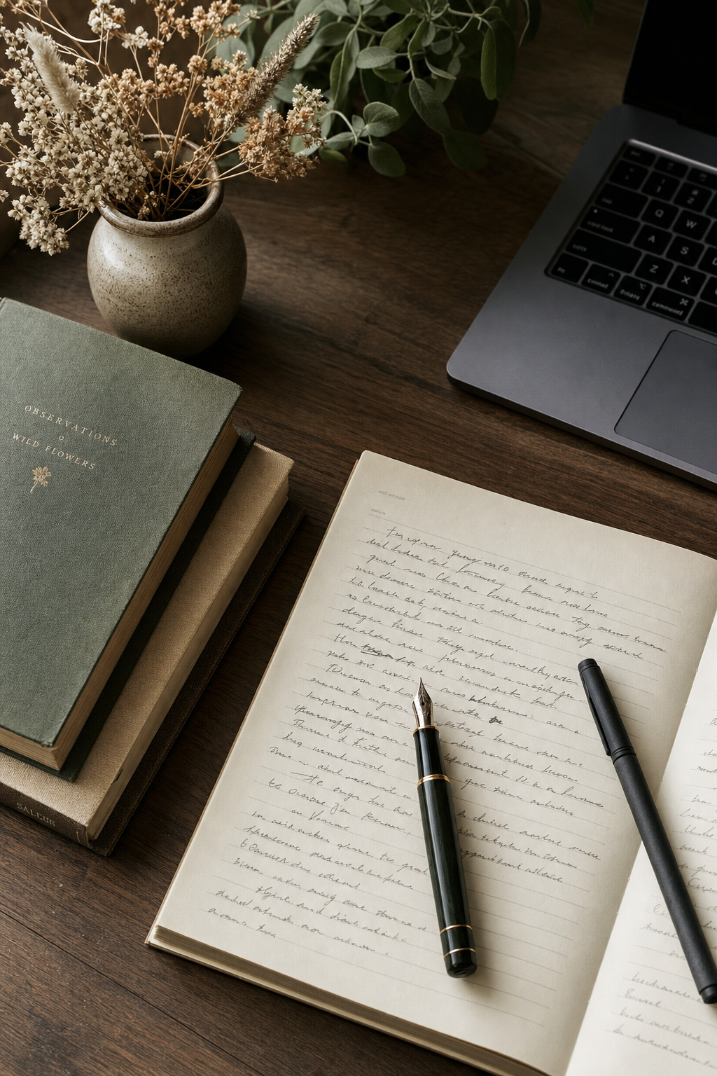 Overhead view of a wooden desk with handwritten notes, a fountain pen, books, and dried flowers.