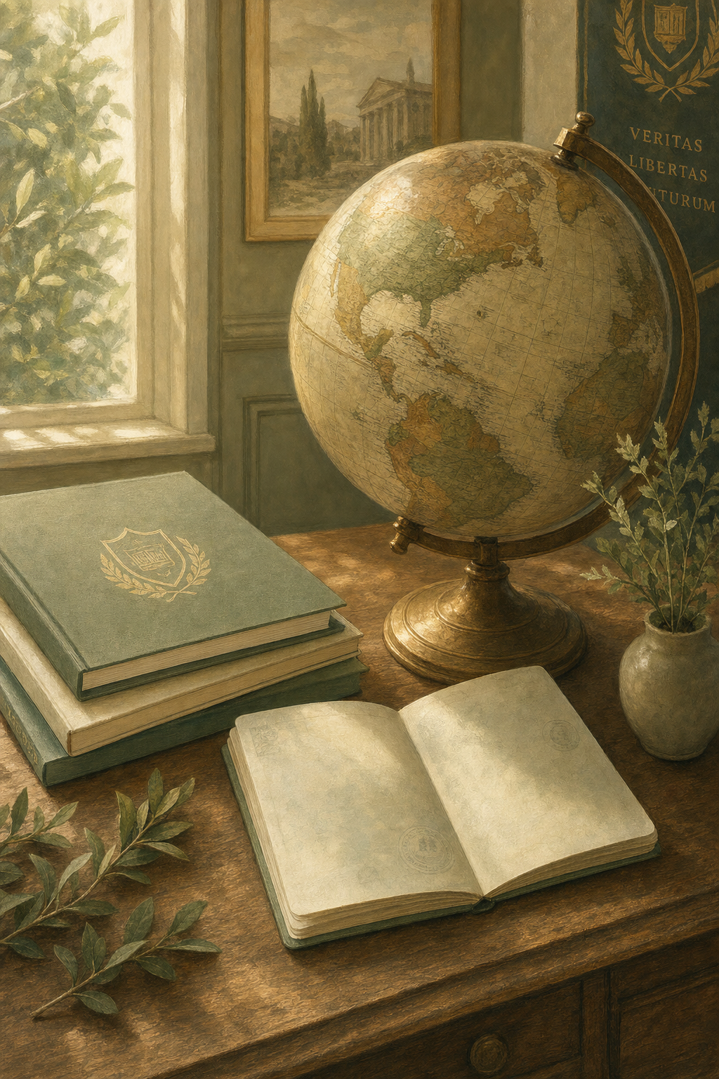 A painterly illustration of an antique globe, leather-bound university books, and an open passport on a wooden desk.