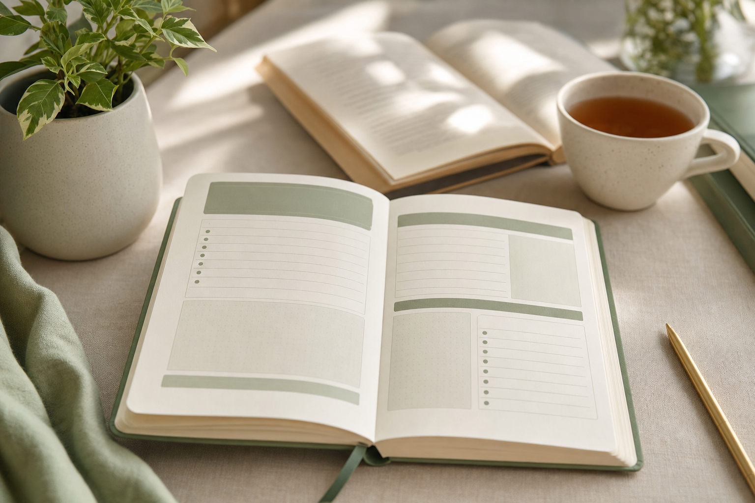 An open planning notebook on a linen desk with a cup of tea and a small green plant, lit by soft natural light.